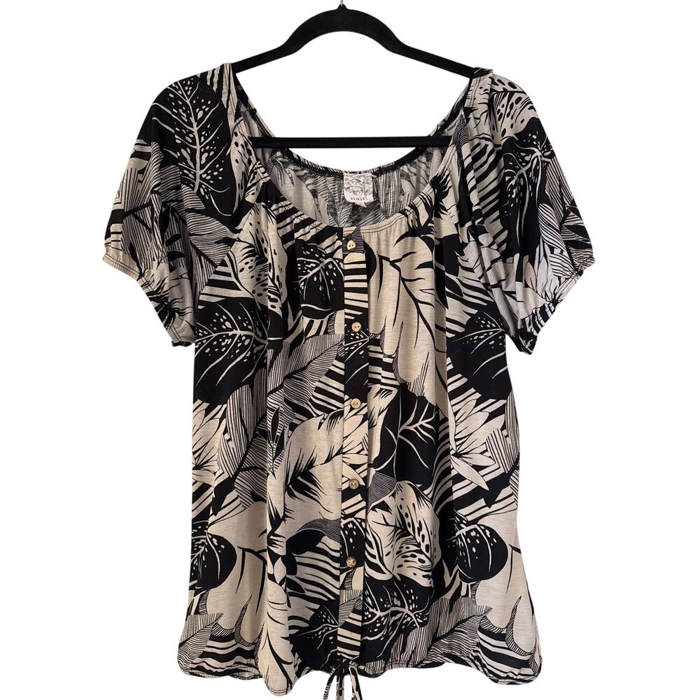 Naif Large Fits Like XL Black, Beige Leaves, Faux Buttons Ties @ Elastic Bottom